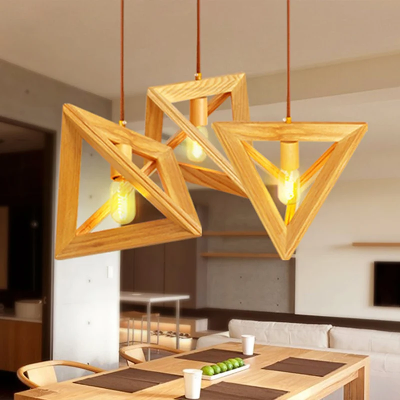 1-kops eetkamer plafondlamp moderne beige hanglamp met driehoekig houten frame Clearhalo