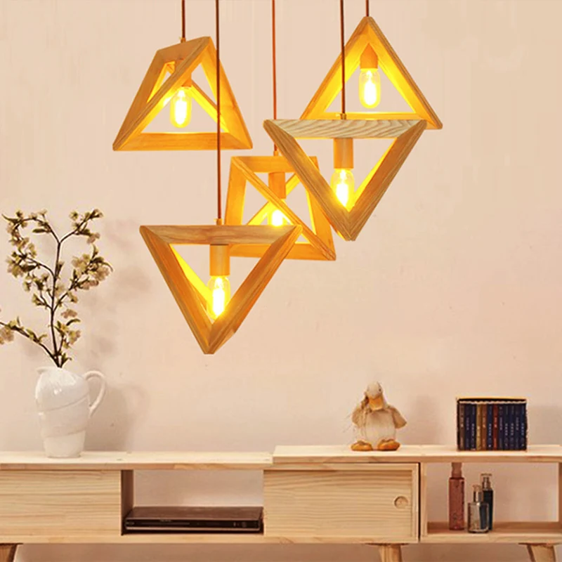 1-kops eetkamer plafondlamp moderne beige hanglamp met driehoekig houten frame Clearhalo