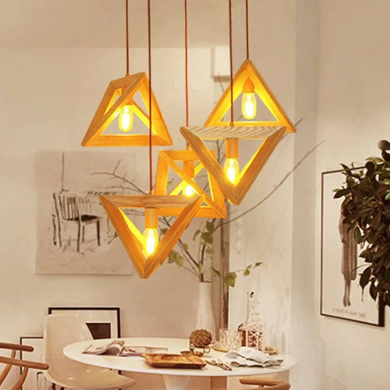 1-kops eetkamer plafondlamp moderne beige hanglamp met driehoekig houten frame Clearhalo
