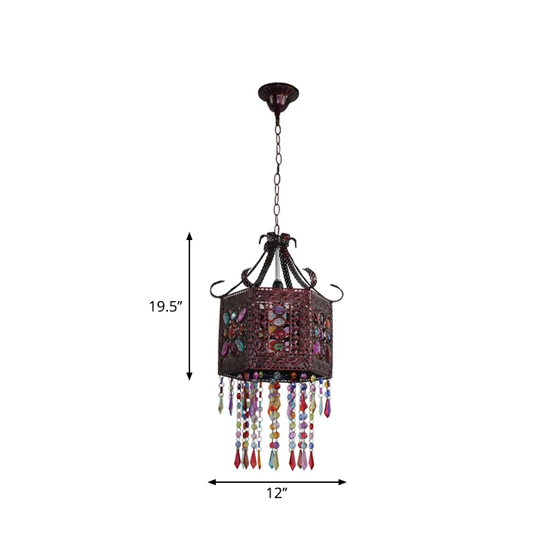 1-kops gebrandschilderde kunstglas hanglamp Bohemen koperen zeshoekige lantaarn slaapkamer plafond hanglamp met scrollarm...