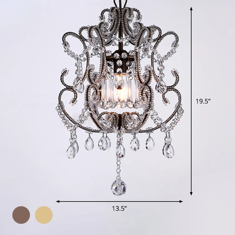 1-kops lantaarn met neerwaartse verlichting, eigentijdse afgeschuinde kristallen hanglamp champagne/koffie met ronde arm C...
