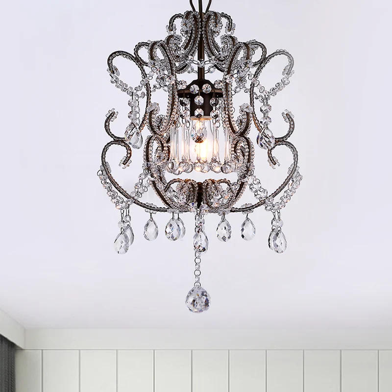 1-kops lantaarn met neerwaartse verlichting, eigentijdse afgeschuinde kristallen hanglamp champagne/koffie met ronde arm C...