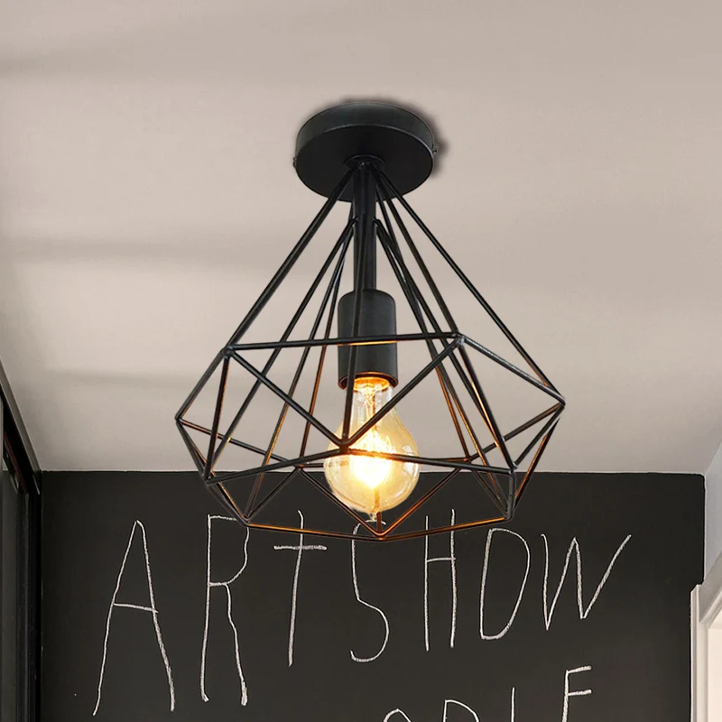 1-kops semi-inbouwlicht industrieel stijlvol Cage Diamond metallic plafondlamp zwart/wit voor slaapkamer Clearhalo