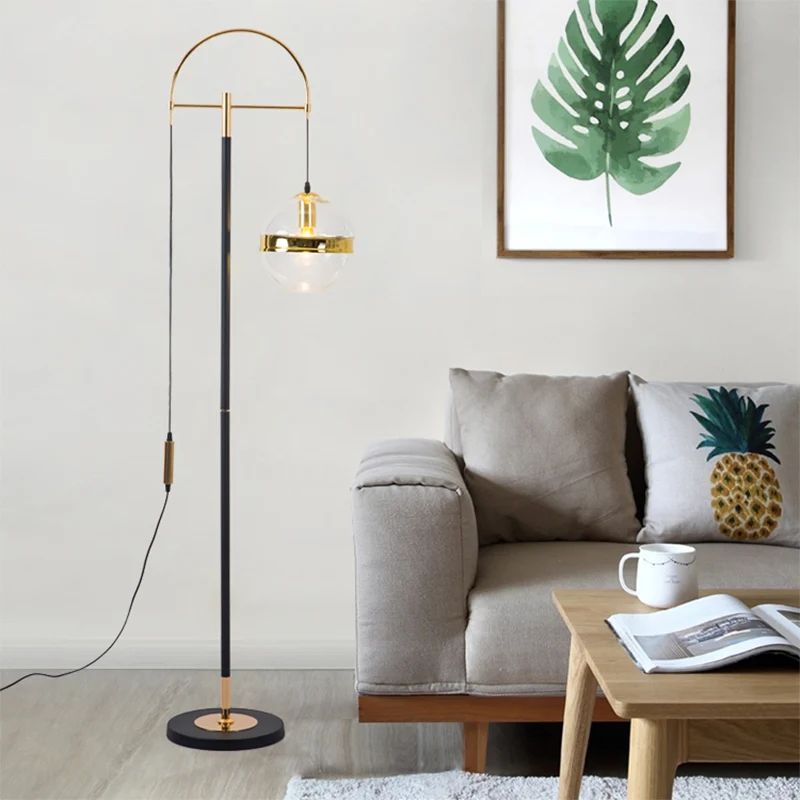 1-kops woonkamer vloerverlichting moderne zwart en goud gebogen staande lamp met bol helder glazen kap wit/geel licht Clea...