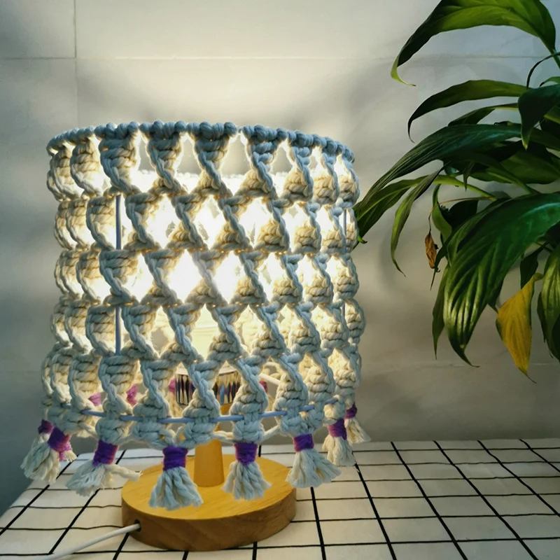 1-lamps gevlochten touw nachtlampje traditionele gele cilinder slaapkamer houten nachtkastje verlichting Clearhalo