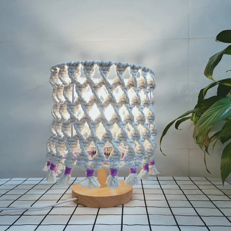 1-lamps gevlochten touw nachtlampje traditionele gele cilinder slaapkamer houten nachtkastje verlichting Clearhalo