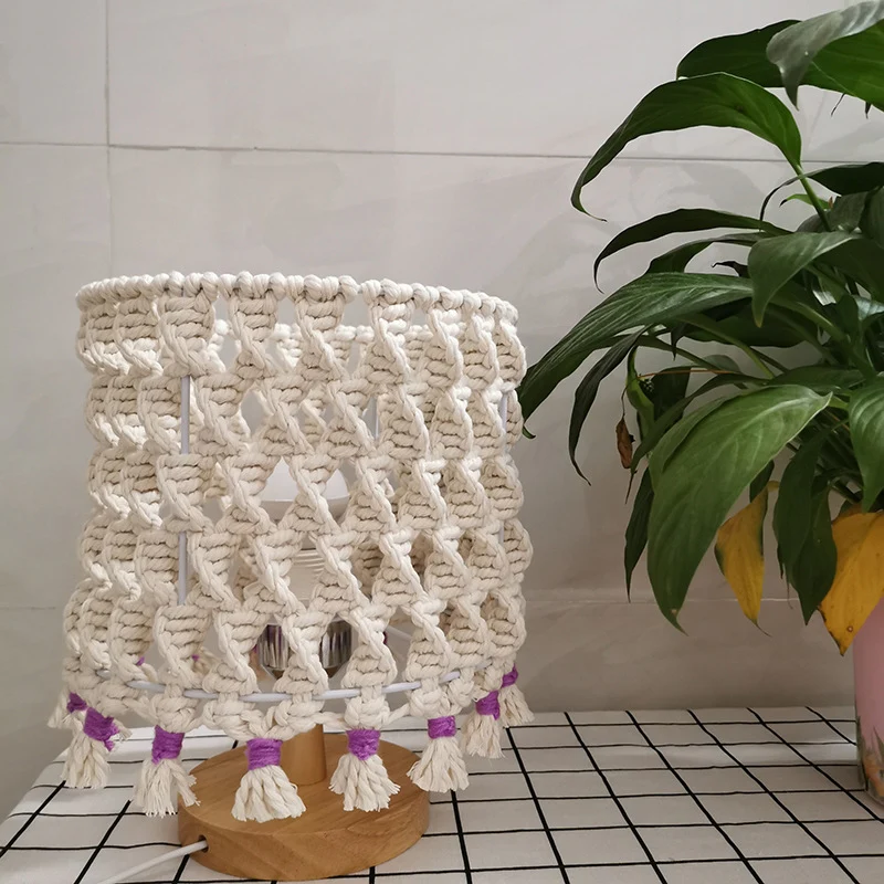 1-lamps gevlochten touw nachtlampje traditionele gele cilinder slaapkamer houten nachtkastje verlichting Clearhalo