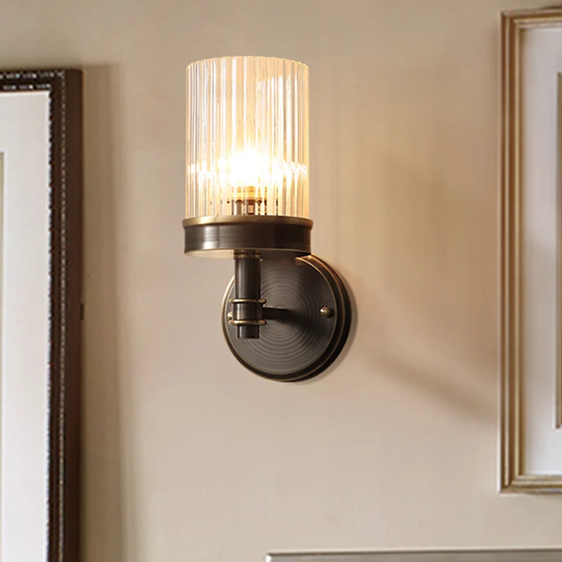 1-lamps helder glazen wandkandelaar, verlichting antieke stijl, zwarte cilindrische schaduw, slaapkamer wandlamp Clearhalo