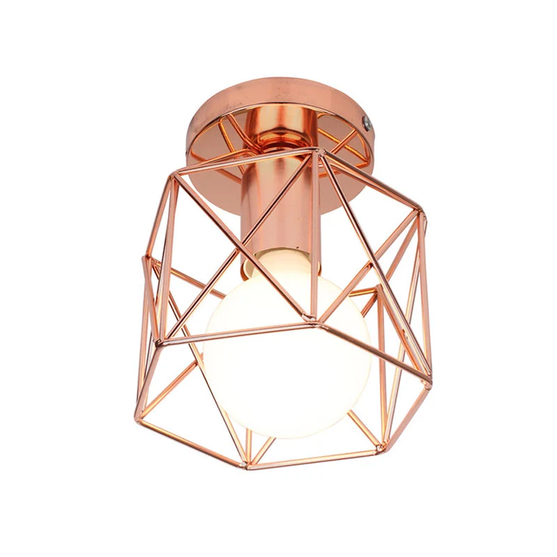 1-lamps plafondarmatuur met geometrische kooischaduw, ijzeren loftstijl slaapkamer, semi-inbouwlamp koper Clearhalo