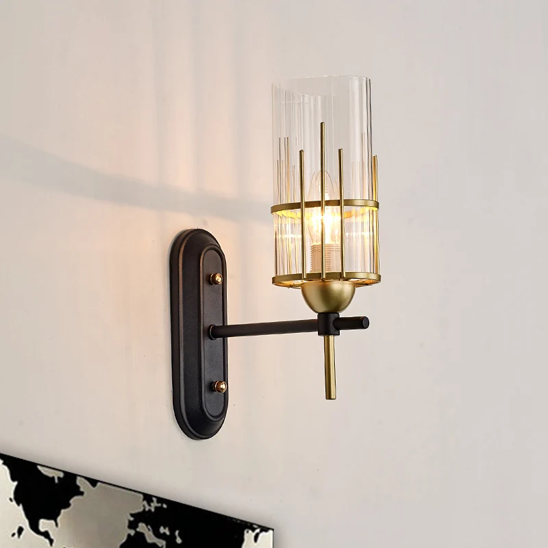 1-lamps wandlamp schans traditionele woonkamer wandverlichting met cilinder helder glazen kap goud Clearhalo