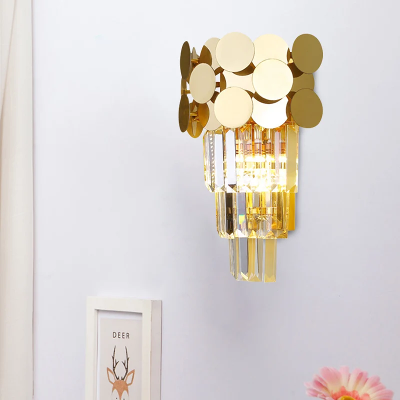 1-lamps wandverlichting modernisme woonkamer schanslamp met gelaagde kristallen blokkap goud Clearhalo