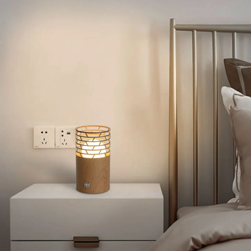 1-lamps woonkamer tafellamp moderne bruine nachtkastjelamp met cilinderhouten kap Clearhalo