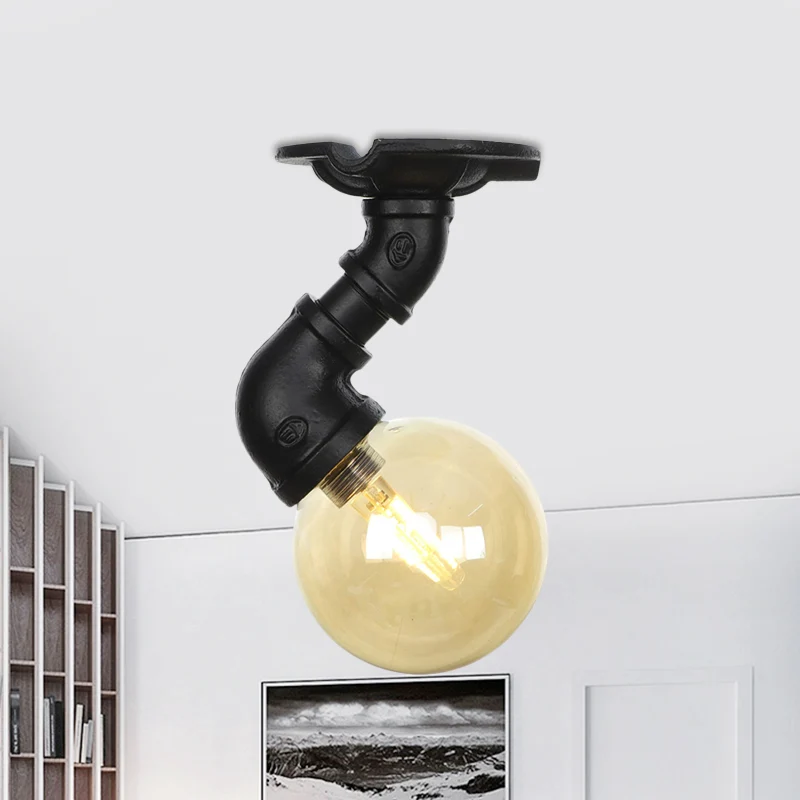 1-lichts bol semi-inbouwlamp vintage zwarte afwerking amberkleurige glazen plafondlamp Clearhalo