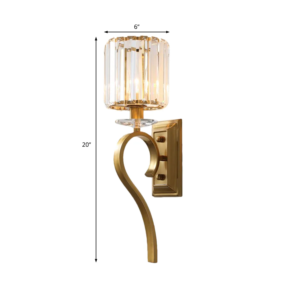 1-lichts cilinder wandlamp eigentijds metaal en helder kristal schanslicht goud voor slaapkamer Clearhalo
