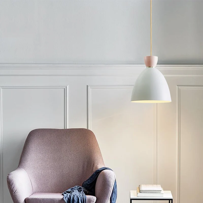 1-lichts eetkamer hanglamp modern wit/roze hangende plafondlamp met koepelvormige metalen kap Clearhalo