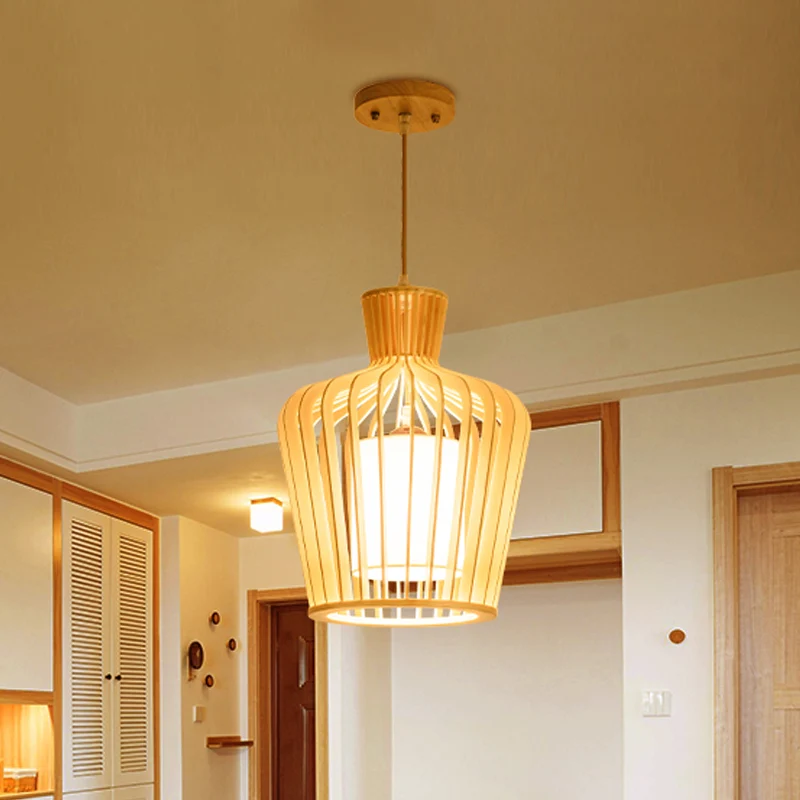 1-lichts eetkamer slingerlamp Japans beige plafondhanger met kruik houten kooi Clearhalo