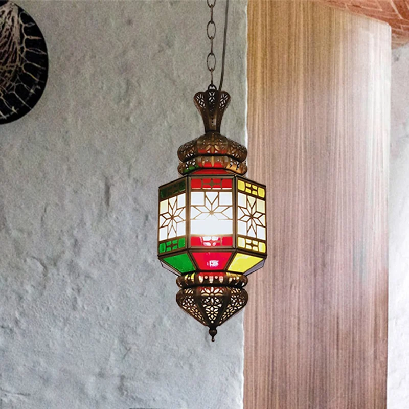 1-lichts hangende verlichting vintage woonkamer plafond hanglamp met lantaarn metalen kap brons Clearhalo