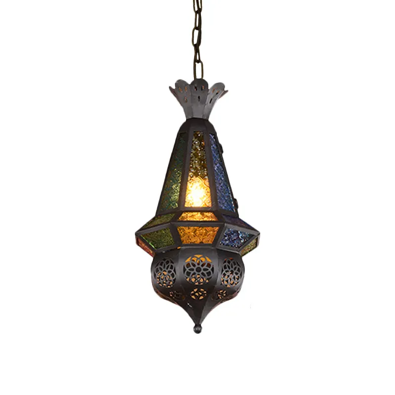 1-lichts hanglamp, decoratieve restaurantplafondlamp met lantaarn geslepen glazen kap zwart/brons Clearhalo