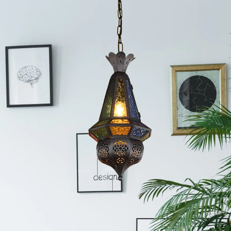 1-lichts hanglamp, decoratieve restaurantplafondlamp met lantaarn geslepen glazen kap zwart/brons Clearhalo