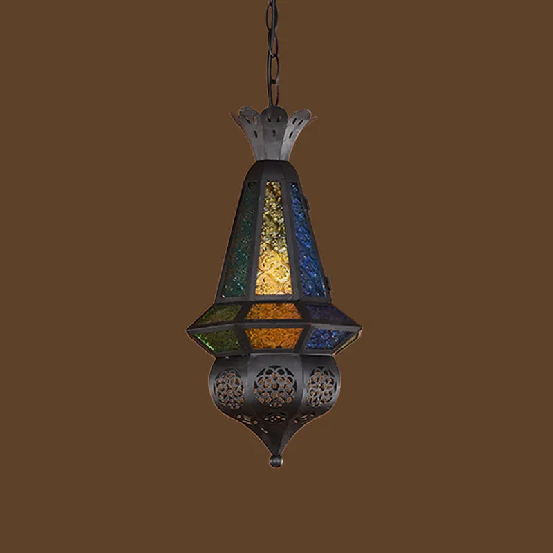 1-lichts hanglamp, decoratieve restaurantplafondlamp met lantaarn geslepen glazen kap zwart/brons Clearhalo