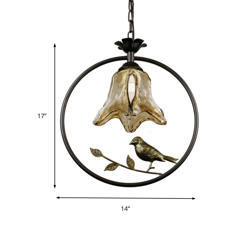 1-lichts hanglamp Klassiek rond/ovaal bruin getextureerd glas hangend plafondlicht zwart met vogel Clearhalo