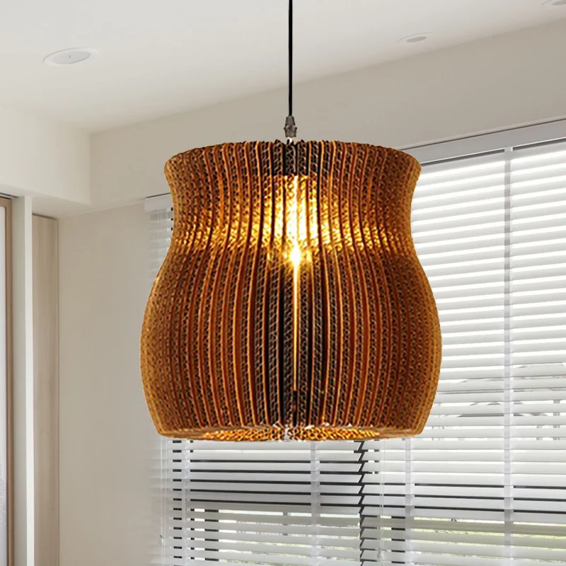 1-lichts hanglamp met cilinder/ovale kap van golfpapier Aziatische stijlvolle restaurant-hanglamp bruin Clearhalo