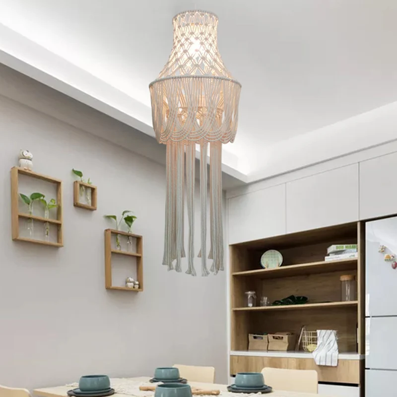1-lichts hanglamp, traditioneel mandvormig henneptouw, hangende lampenset met kwastjes beige Clearhalo