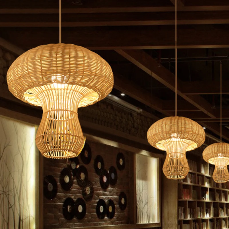 1-lichts hanglamp voor de hal met paddenstoel rotan kap, bruine/beige hanglamp Aziatische stijl Clearhalo
