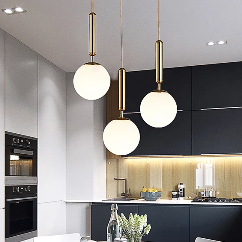 1-lichts keukenhanglamp met bal, witte glazen kap, post-moderne gouden hanglampset, 6"/8"/10" breed Clearhalo