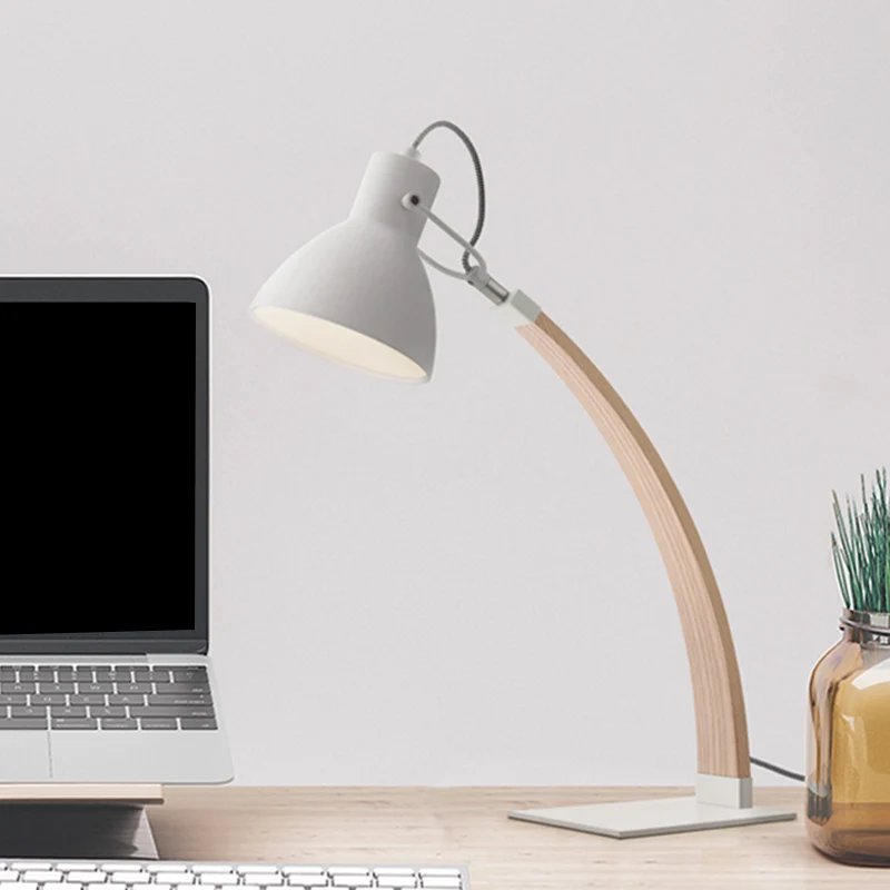 1-lichts leeslamp voor studeerkamer, eenvoudige zwart/witte afwerking, houten bureauverlichting met koepelvormige metalen...