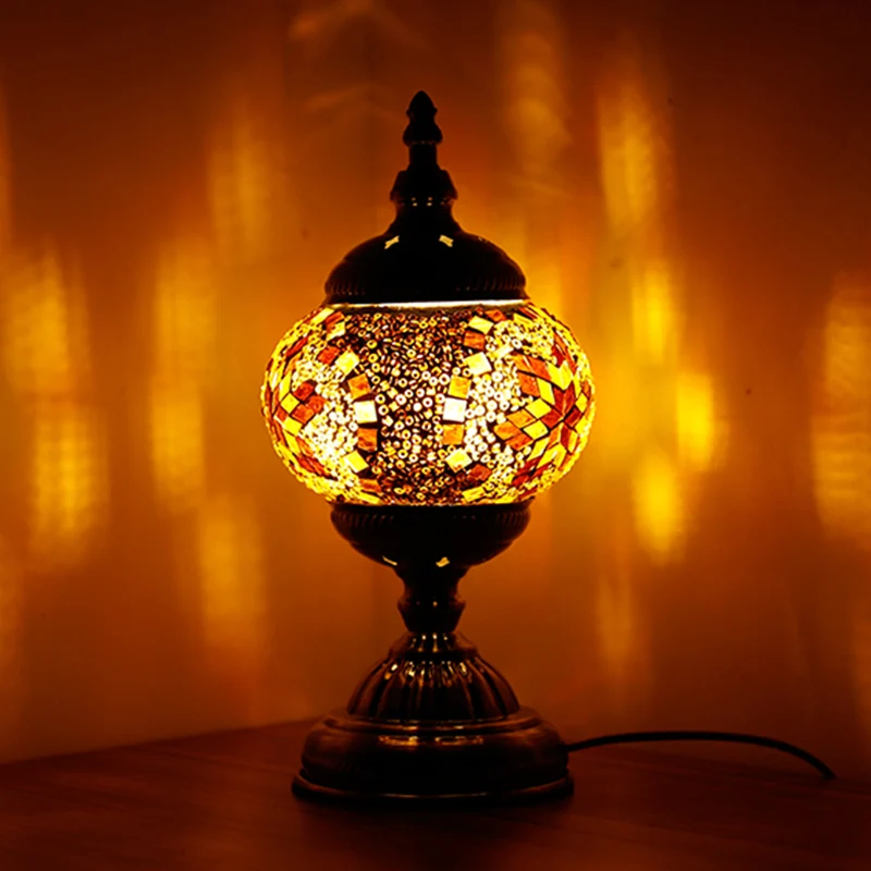 1-lichts nachtlampje Mediterraan globaal oranje/rood en blauw glas--lood tafellamp voor slaapkamer Clearhalo