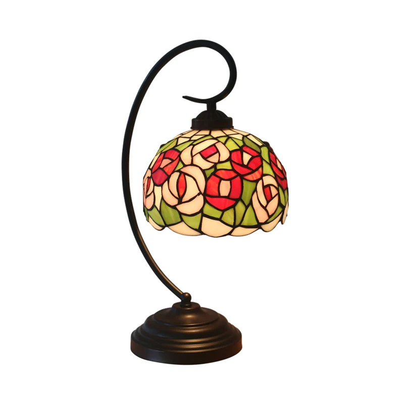 1-lichts nachtlampje voor de slaapkamer, barok, donker koffiebloemmotief, bureaulamp met koepelvormige glas--loodkap Clear...