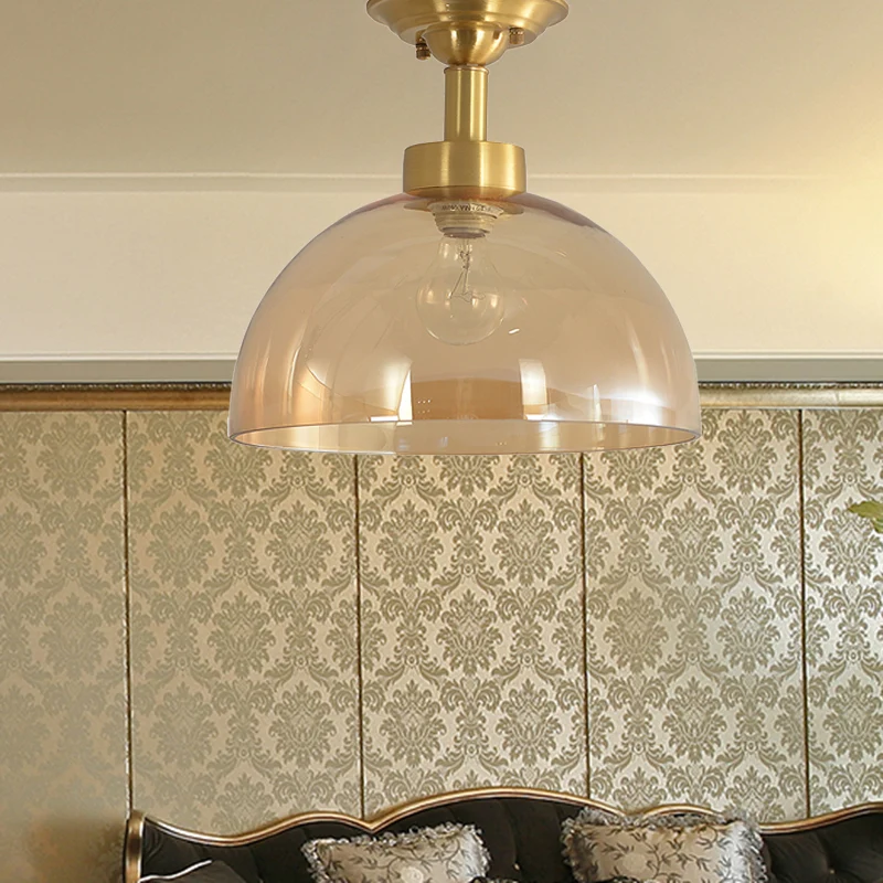 1-lichts plafondlamp met koepelschaduw, amberkleurig glas, industriële woonkamer, half vlak messing Clearhalo