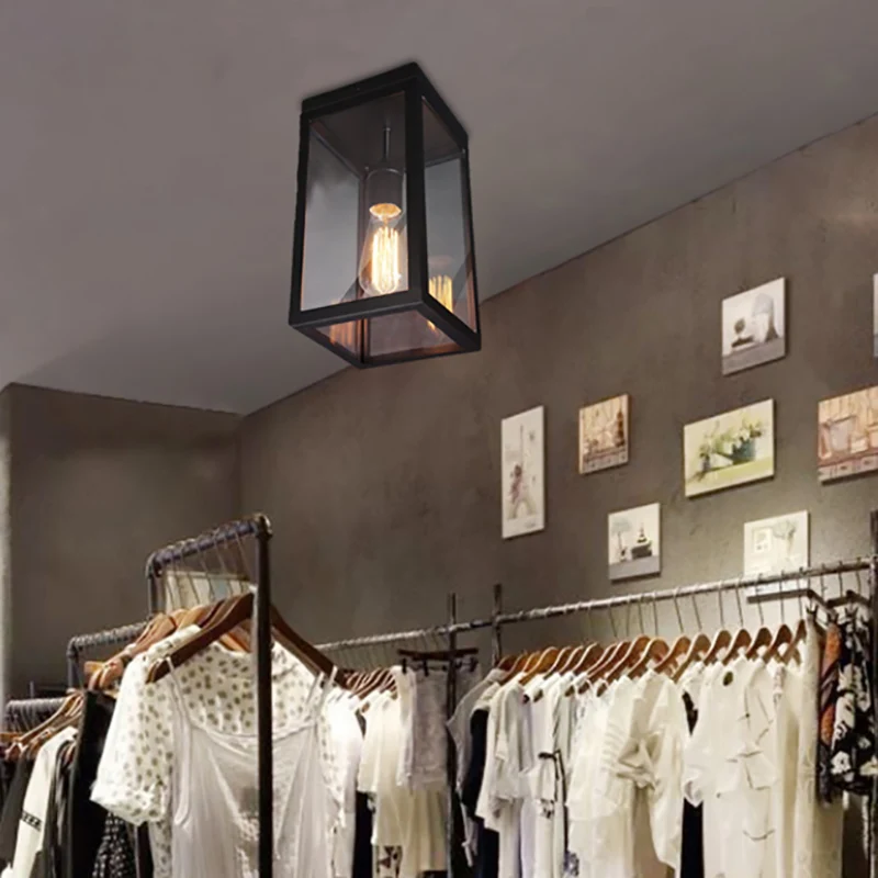 1-lichts plafondlamp met rechthoekige kap, helder glas, traditionele woonkamer, inbouw zwart Clearhalo