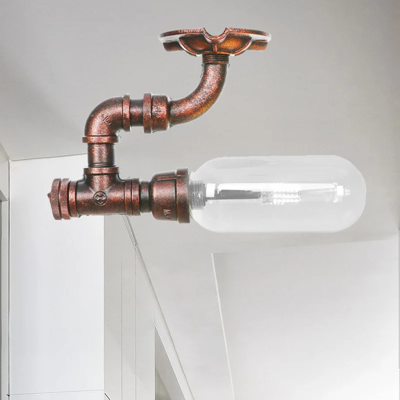 1-lichts plafondlamp ovale kap helder glas industriële badkamer semi-inbouw verweerd koper met pijpontwerp Clearhalo