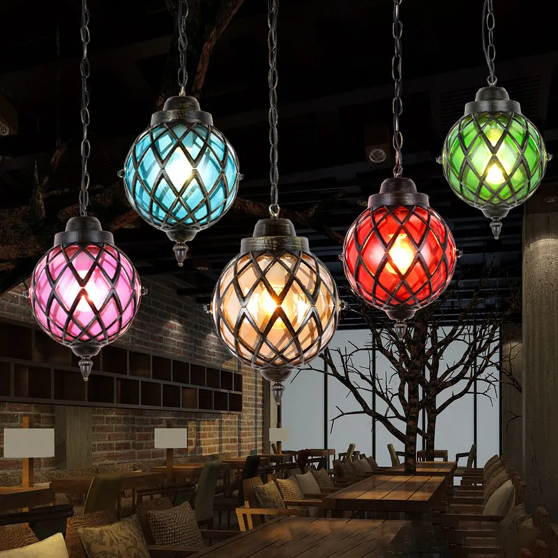 1-lichts restaurant hanglamp Marokkaanse zwarte plafondlamp met bol amber/groen/paars glazen kap Clearhalo
