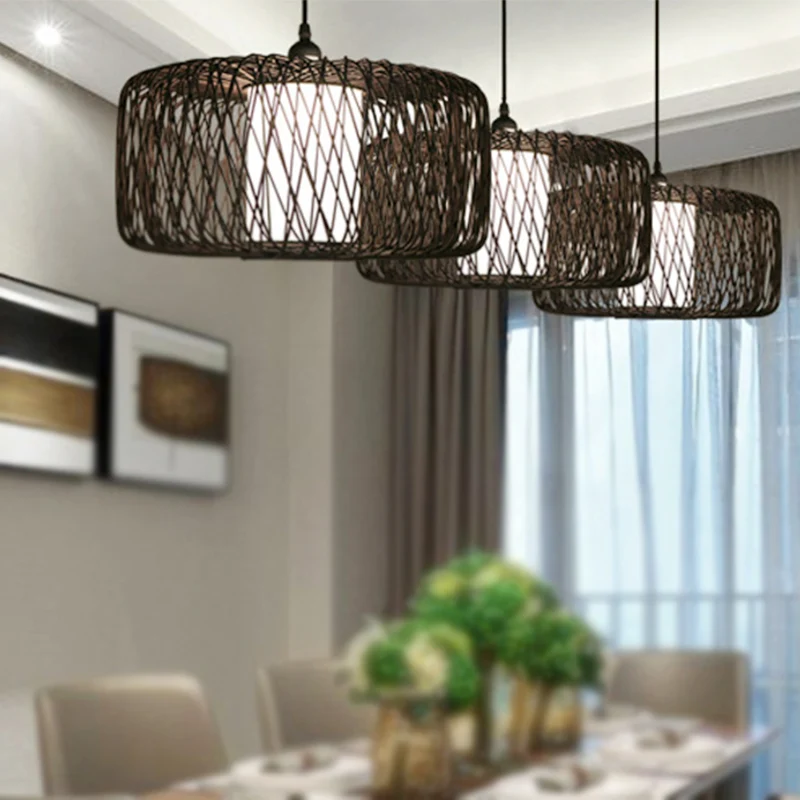 1-lichts restaurant hanglamp met trommelbamboe kap, zwarte hanglamp, 16"/23,5" breed Clearhalo