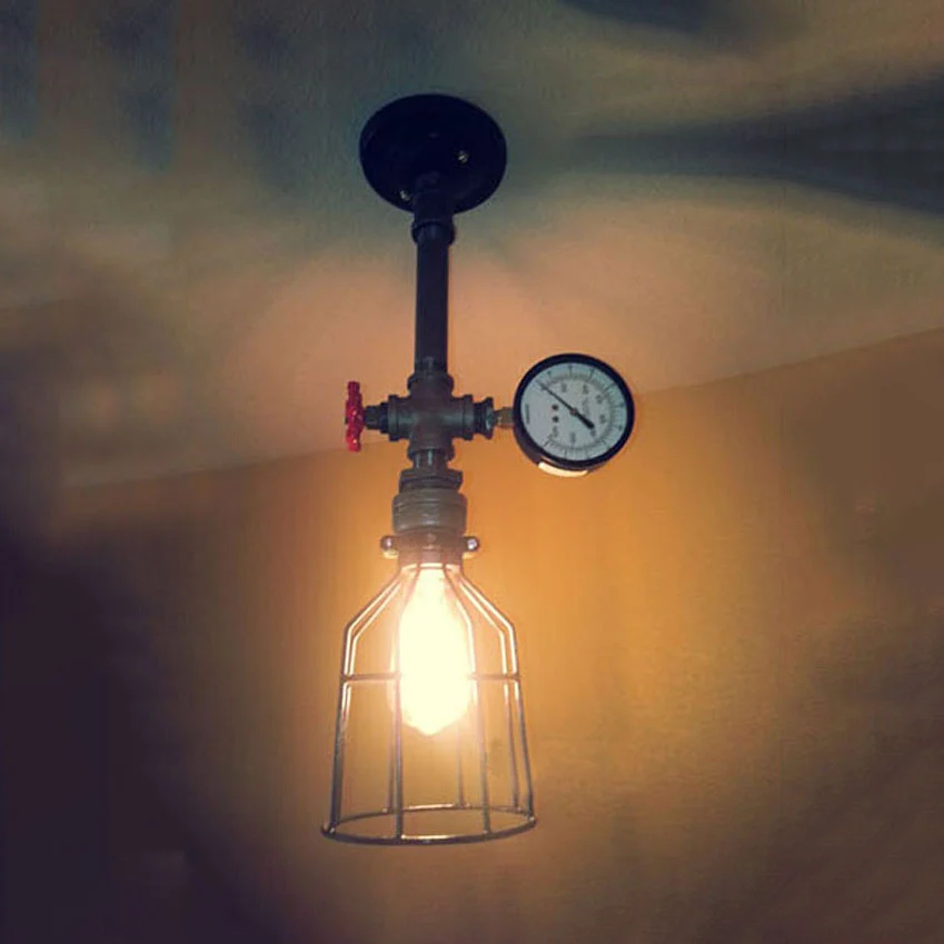 1-lichts taps toelopende kooi-plafondlamp met klep en meter Vintage stijl zwart metalen semi-inbouwlamp voor restaurant Cl...