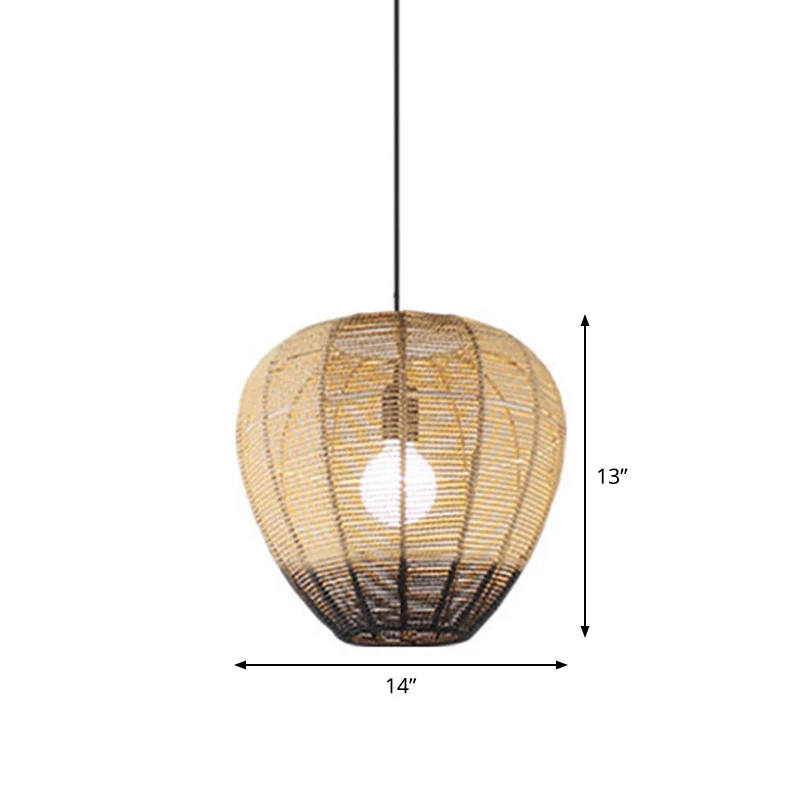 1-lichts Tea Room hanglamp, moderne houten en zwarte plafondophanging met waterdruppel rotan kap Clearhalo
