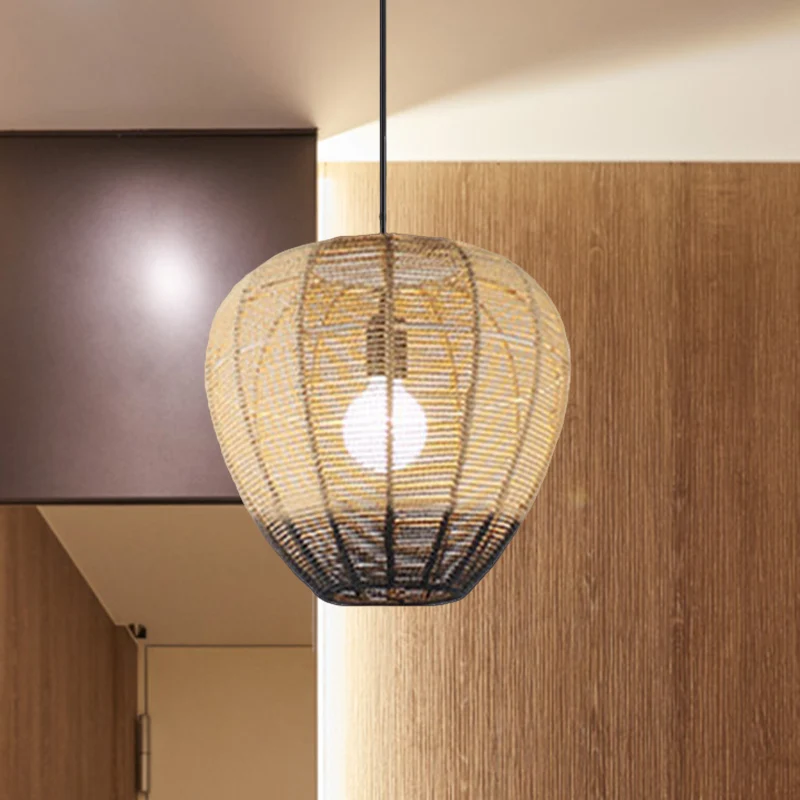 1-lichts Tea Room hanglamp, moderne houten en zwarte plafondophanging met waterdruppel rotan kap Clearhalo