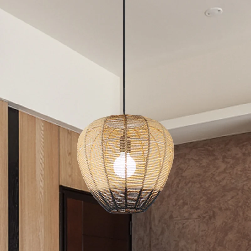 1-lichts Tea Room hanglamp, moderne houten en zwarte plafondophanging met waterdruppel rotan kap Clearhalo