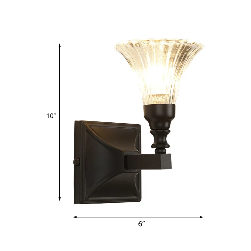 1-lichts wandlamp retro bloem helder gecanneleerd glas schanslamp met strakke arm zwart voor veranda Clearhalo