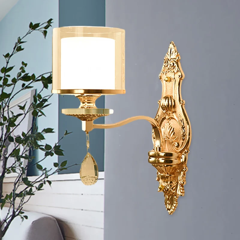 1-lichts wandlamp, retro woonkamerwandkandelaar met gelaagde ton van helder en matglas, goud Clearhalo