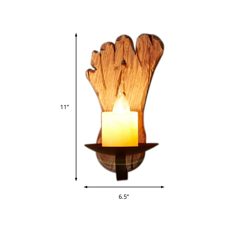 1-lichts wandlamp, verlichting, landelijke kaars, marmeren blaker, lichtarmatuur zwart met houten achterplaat met voetafdr...