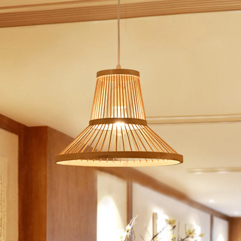 1-lichts woonkamer hanglamp moderne houten downlighting met kegelvormige bamboe kap Clearhalo