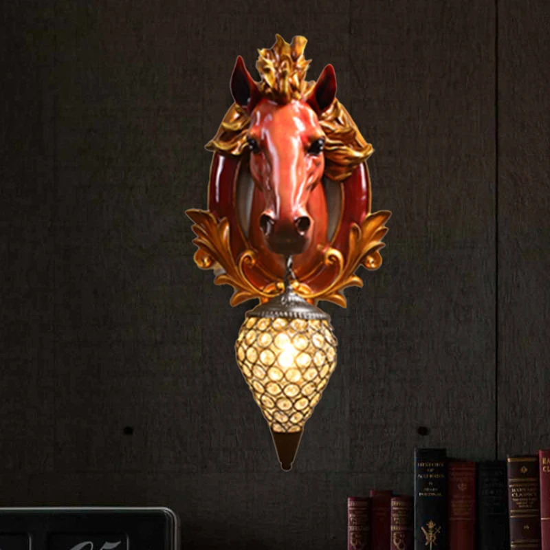 1-lichts woonkamer wandlamp vintage blaker met wit/rood paard harsdecoratie, 10"/12" breed Clearhalo