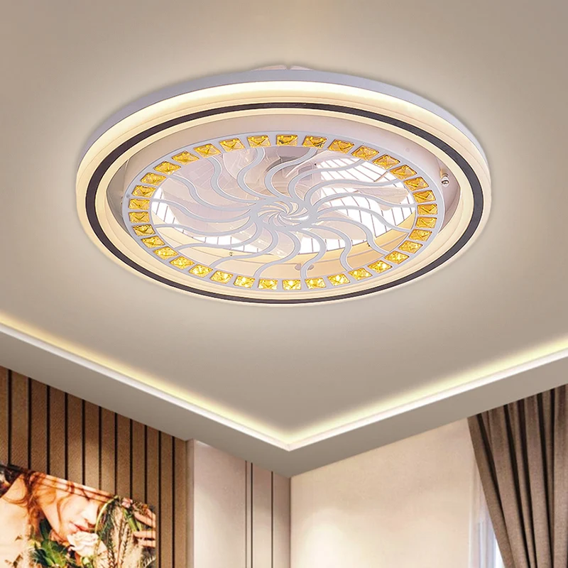 21,5' W LED kristallen blokken hangende ventilatorlamp hedendaagse witte ronde eetkamer semi-inbouwlicht met 7 bladen Clea...