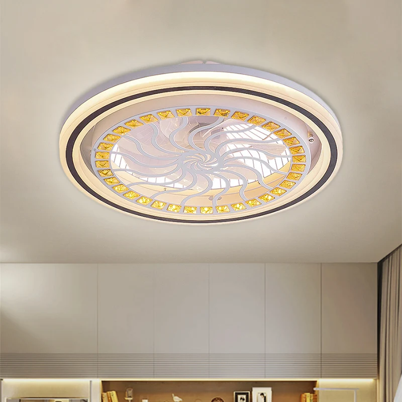 21,5' W LED kristallen blokken hangende ventilatorlamp hedendaagse witte ronde eetkamer semi-inbouwlicht met 7 bladen Clea...