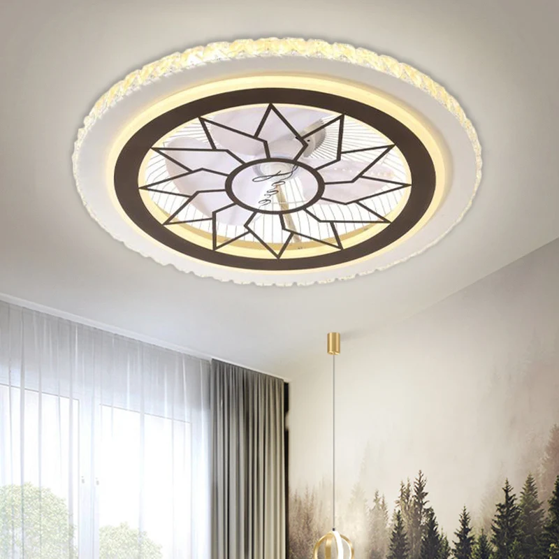 21,5' W LED kristallen blokken hangende ventilatorlamp hedendaagse witte ronde eetkamer semi-inbouwlicht met 7 bladen Clea...