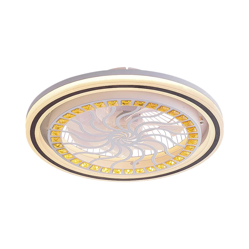 21,5' W LED kristallen blokken hangende ventilatorlamp hedendaagse witte ronde eetkamer semi-inbouwlicht met 7 bladen Clea...